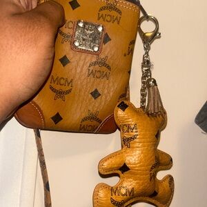 MCM Tan Visetos Pouch with Bear Keychain